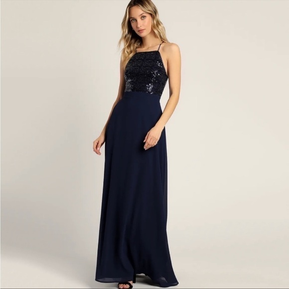 Lulus Dresses & Skirts - NWT Lulu’s Endlessly Enchanted Navy Blue Sequin Maxi Dress Gown